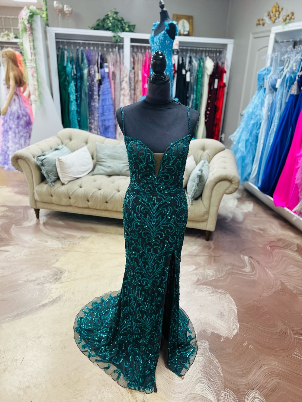Green Sequin Mermaid Prom Dress with Plunge Neckline